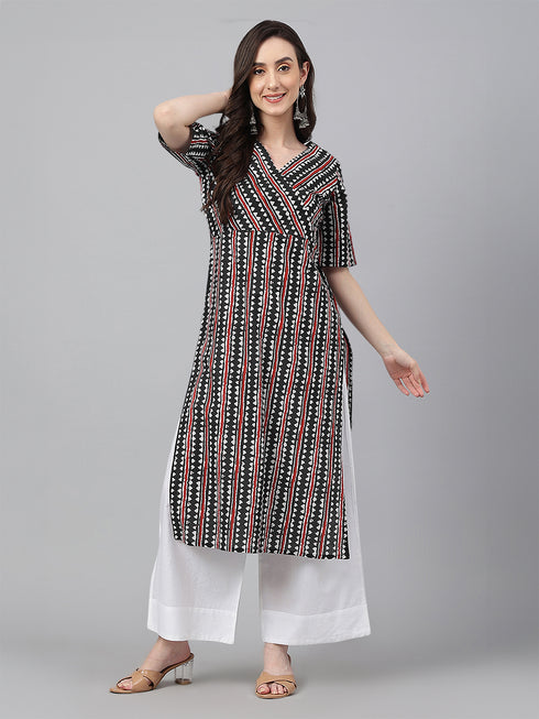 Black Cotton Geometric Printed Straight Kurta